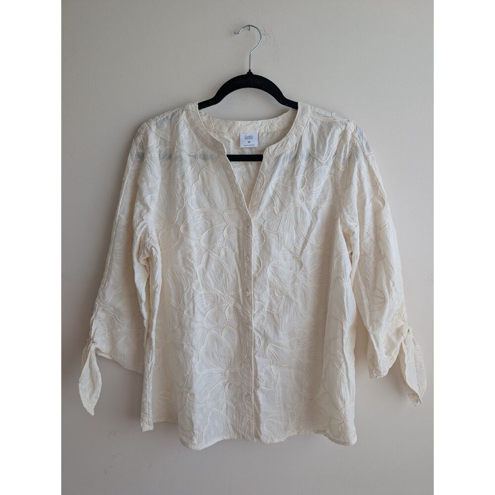 Croft & Barrow Women's M Ivory Floral Embroidered Blouse 100% Cotton Tie Sleeve